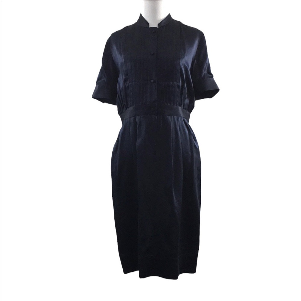 Kenneth Cole Navy Shirt Silk Dress Womens 6 Pleated Short Sleeve Scrunchy